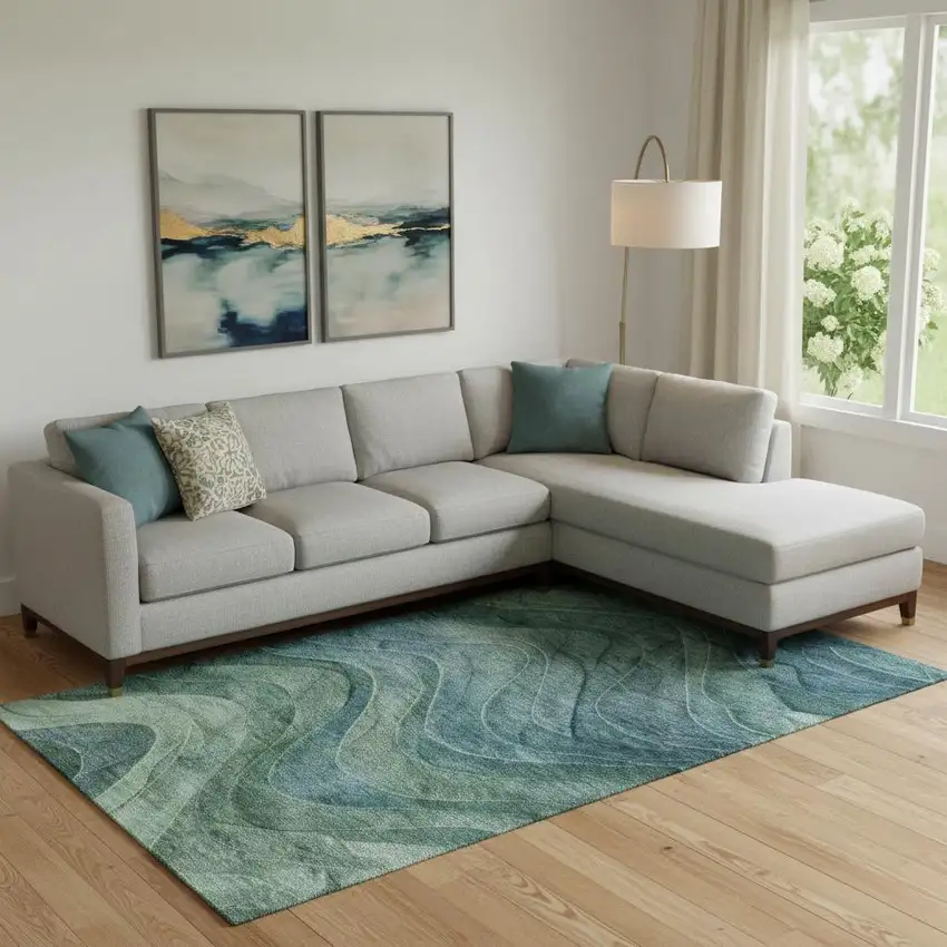 Teal And Green Abstract Washable Area Rug With UV Protection Photo 2