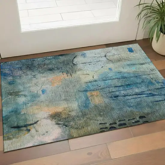 Teal And Green Abstract Washable Area Rug With UV Protection Photo 2