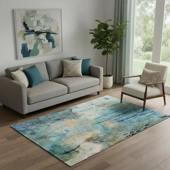 Teal And Green Abstract Washable Area Rug With UV Protection Photo 2