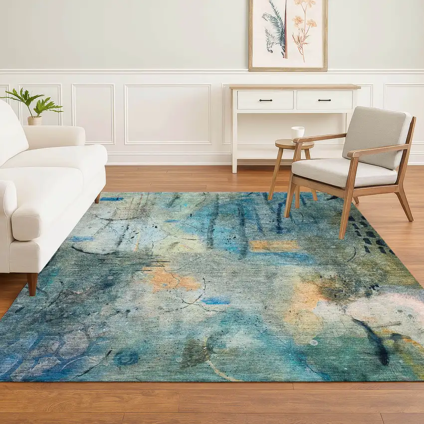 Teal And Green Abstract Washable Area Rug With UV Protection Photo 5