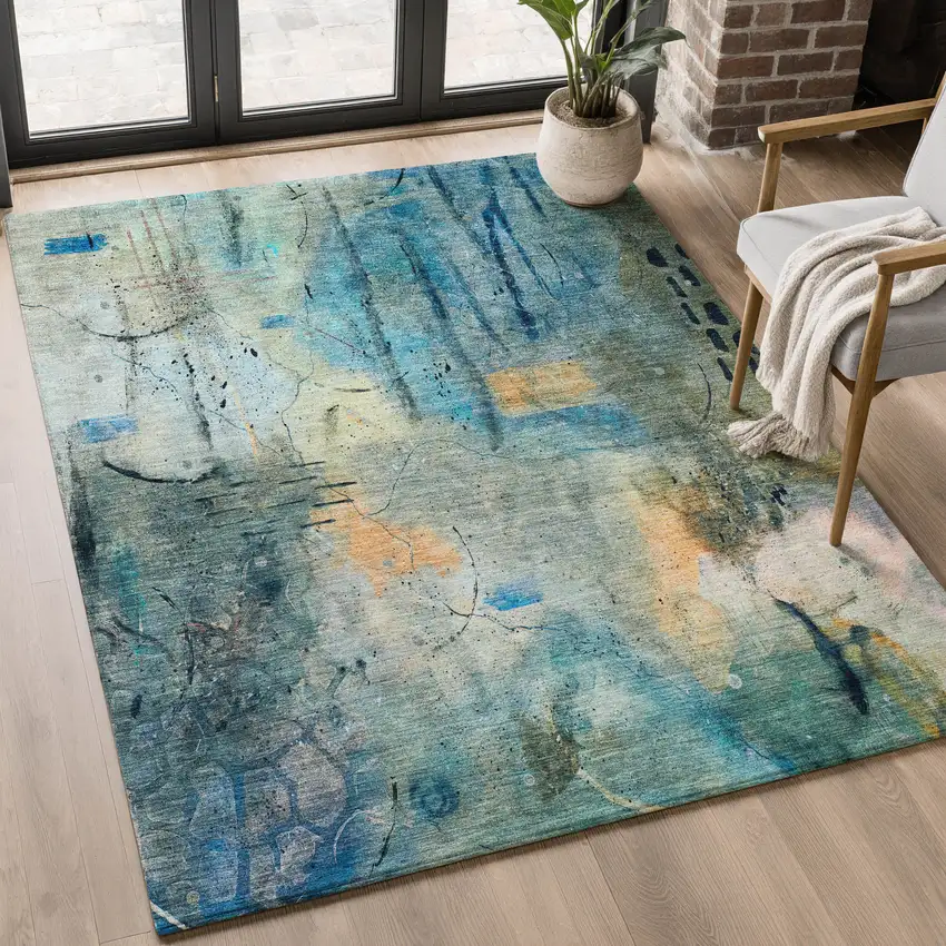 Teal And Green Abstract Washable Area Rug With UV Protection Photo 4