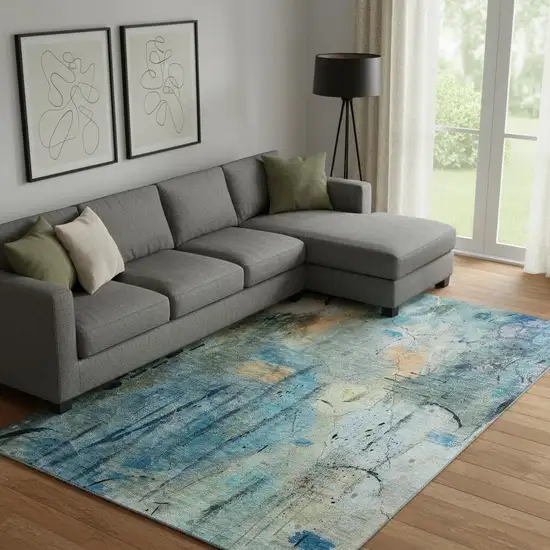 Teal And Green Abstract Washable Area Rug With UV Protection Photo 2