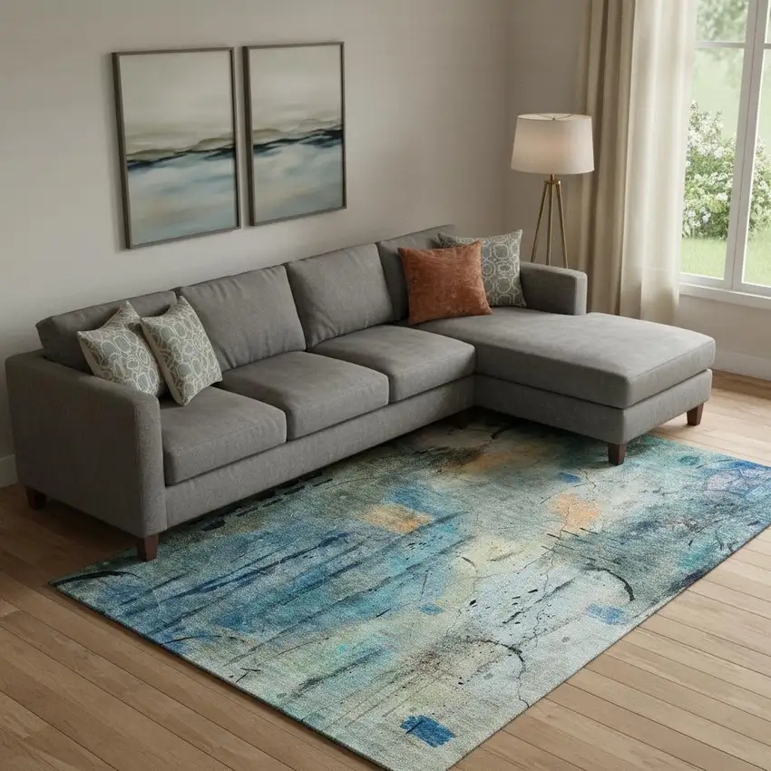 Teal And Green Abstract Washable Area Rug With UV Protection Photo 2