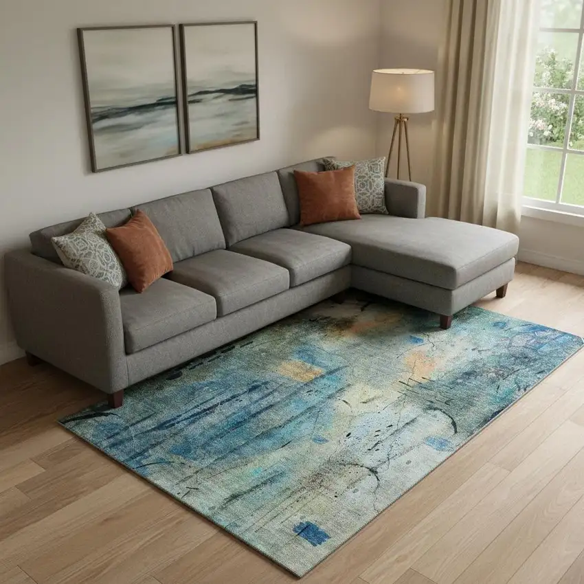 Teal And Green Abstract Washable Area Rug With UV Protection Photo 2