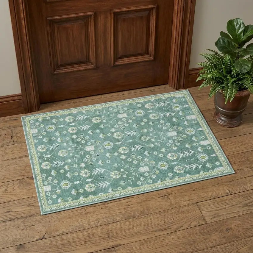Teal And Green Oriental Washable Area Rug Photo 1