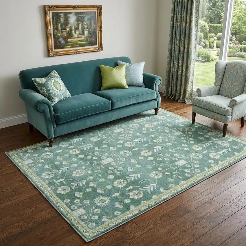Teal And Green Oriental Washable Area Rug Photo 1