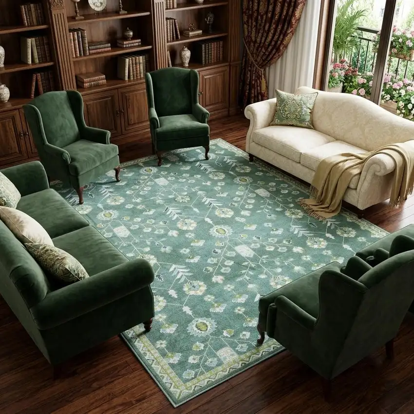 Teal And Green Oriental Washable Area Rug Photo 1
