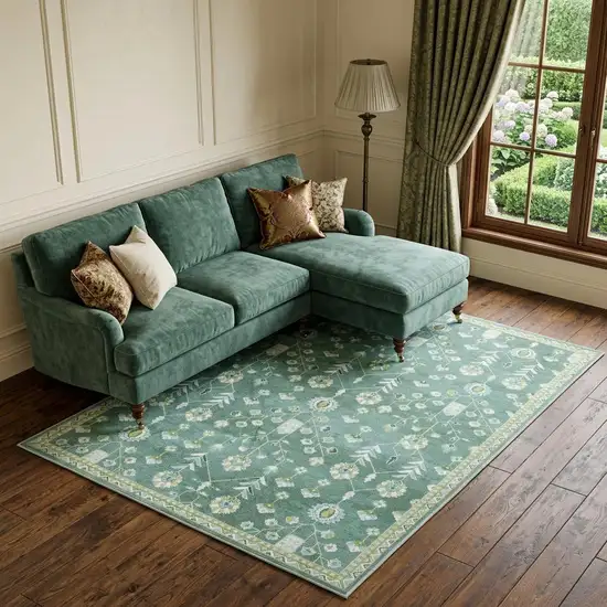 Teal And Green Oriental Washable Area Rug Photo 1