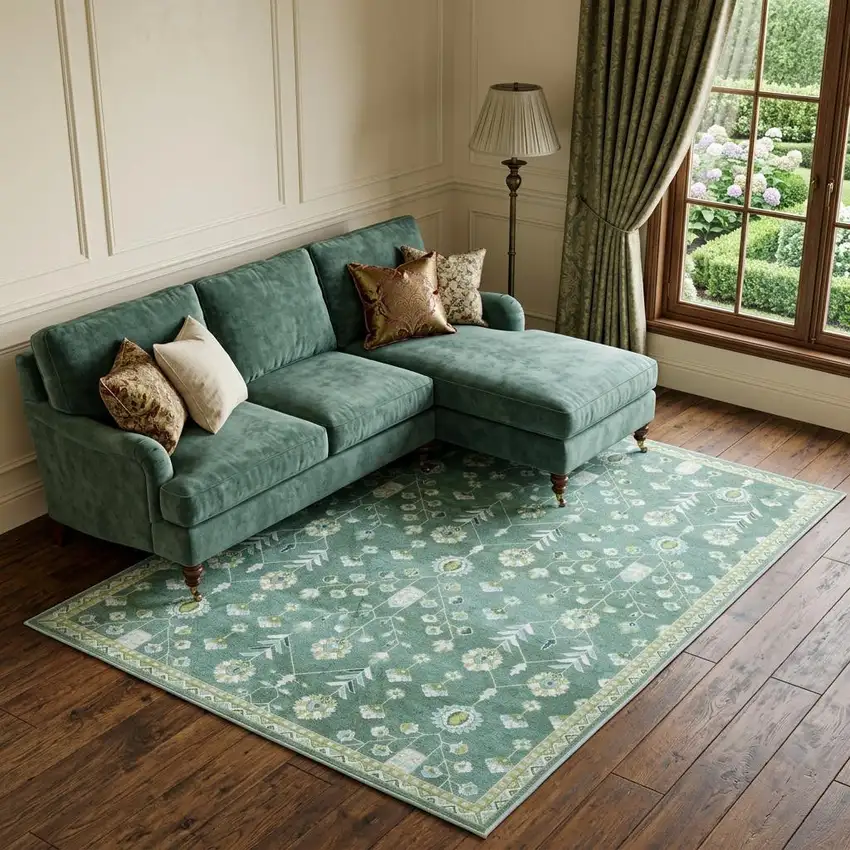 Teal And Green Oriental Washable Area Rug Photo 1