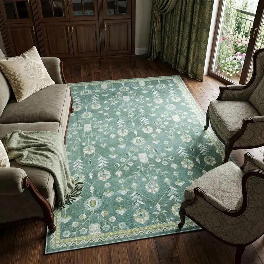 Teal And Green Oriental Washable Area Rug Photo 1