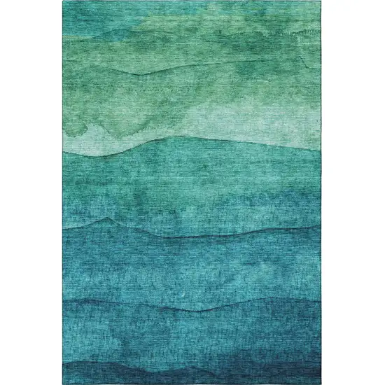 Teal And Green Striped Washable Area Rug With UV Protection Photo 3