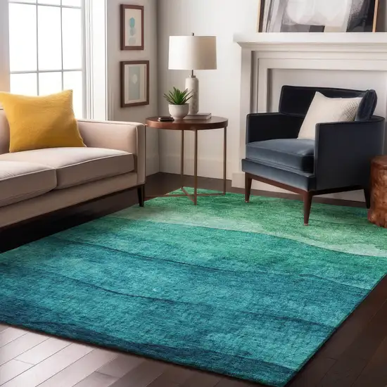 Teal And Green Striped Washable Area Rug With UV Protection Photo 5