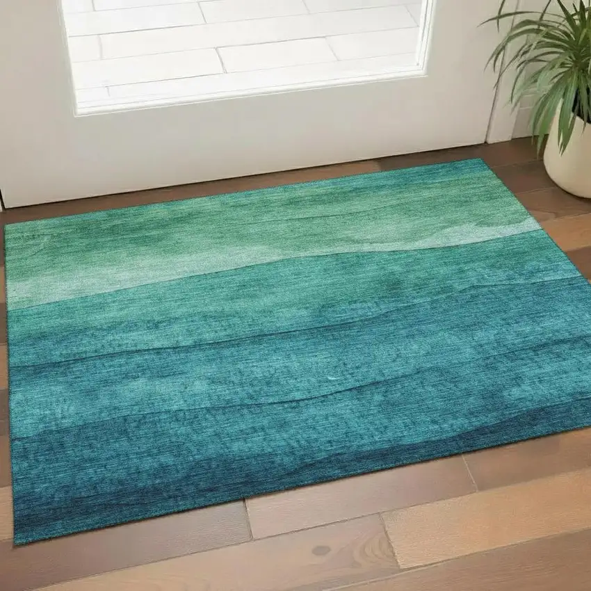 Teal And Green Striped Washable Area Rug With UV Protection Photo 2