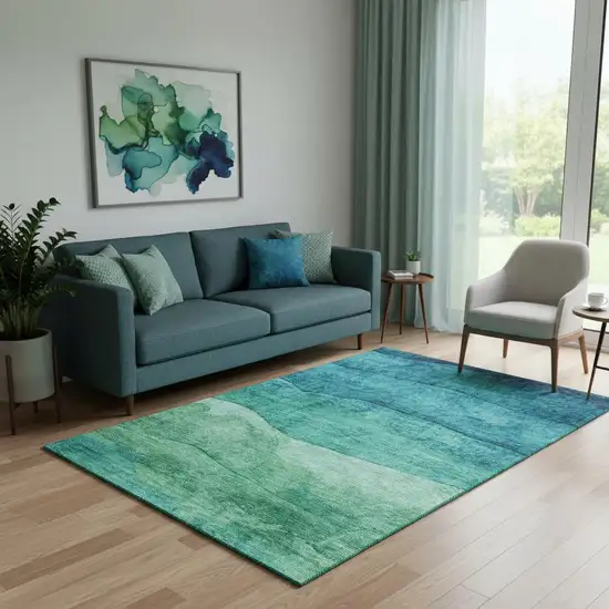 Teal And Green Striped Washable Area Rug With UV Protection Photo 2