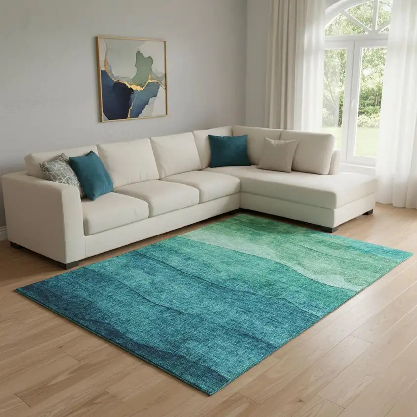 Teal And Green Striped Washable Area Rug With UV Protection Photo 2