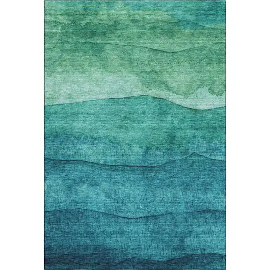 Teal And Green Striped Washable Area Rug With UV Protection Photo 1