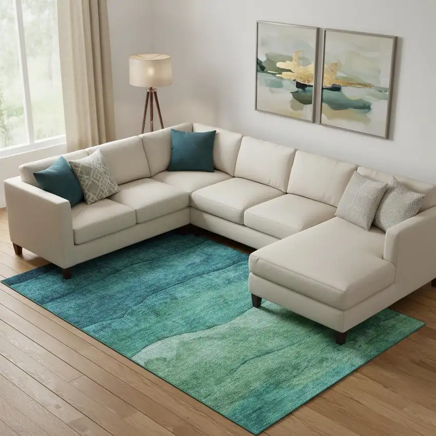 Teal And Green Striped Washable Area Rug With UV Protection Photo 2