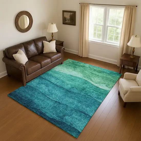 Teal And Green Striped Washable Area Rug With UV Protection Photo 4