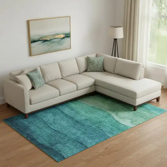 Teal And Green Striped Washable Area Rug With UV Protection Photo 2