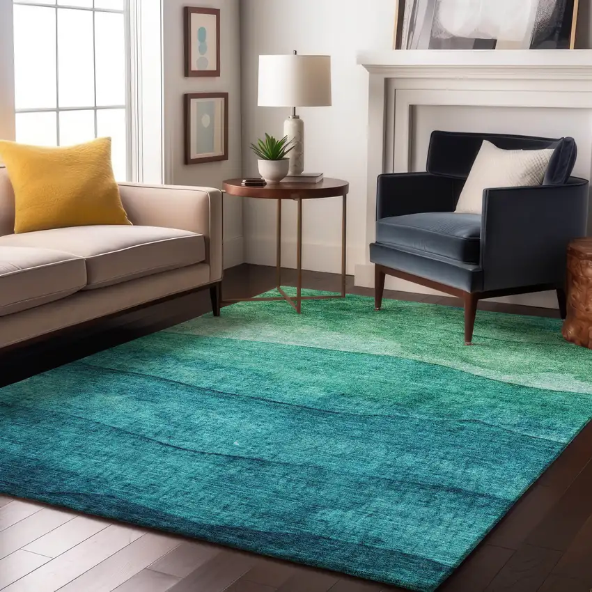 Teal And Green Striped Washable Area Rug With UV Protection Photo 5