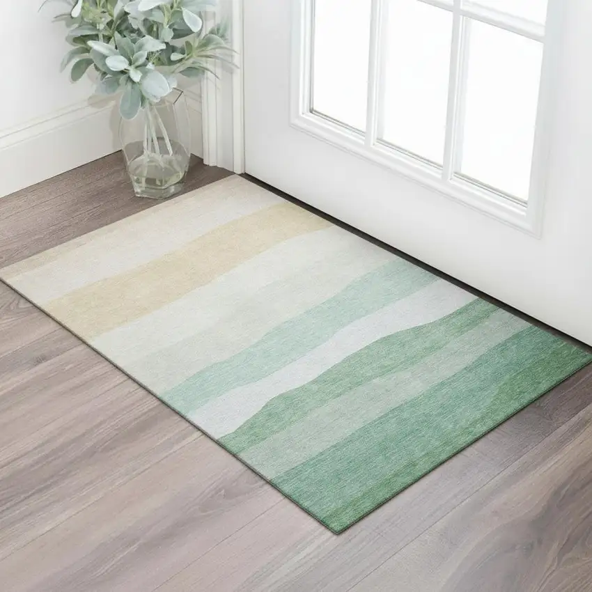 Teal And Green Striped Washable Area Rug With UV Protection Photo 2