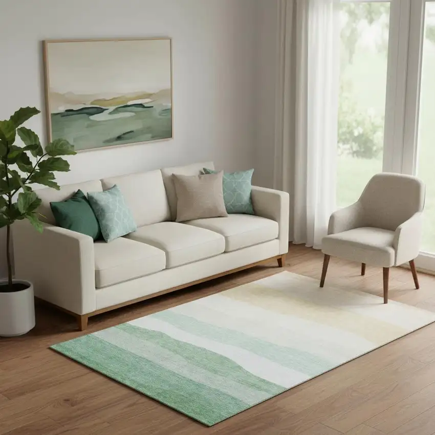 Teal And Green Striped Washable Area Rug With UV Protection Photo 2