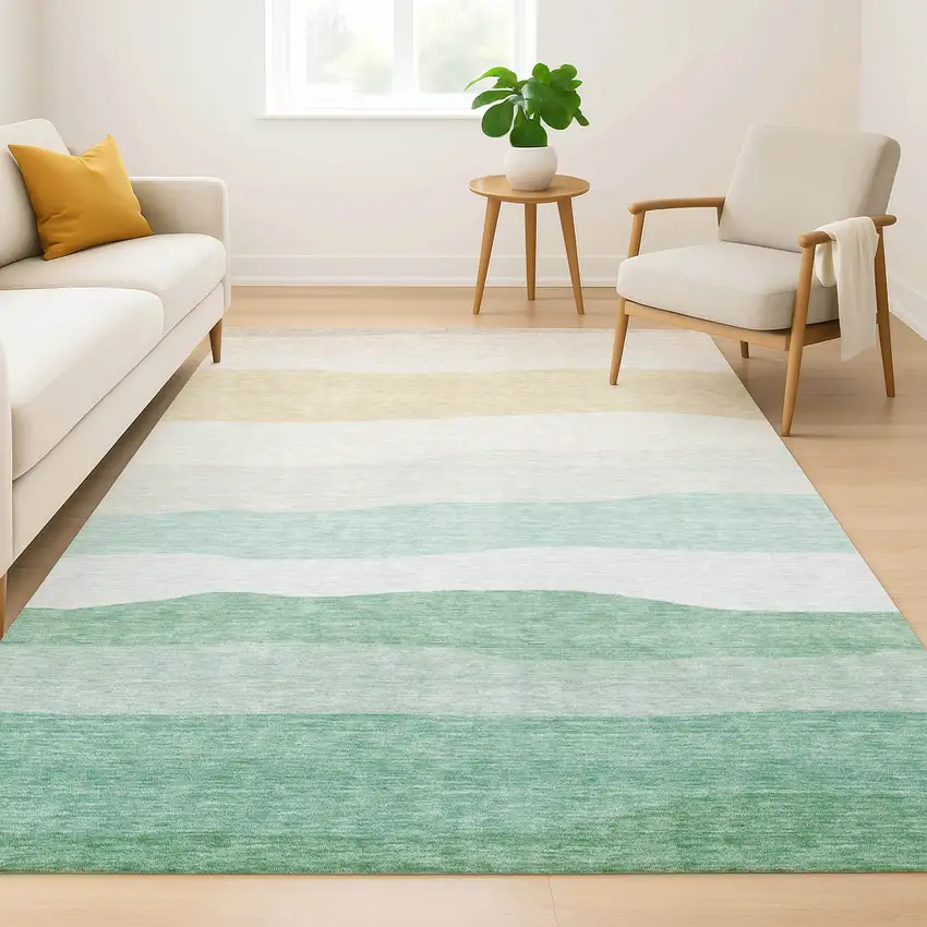 Teal And Green Striped Washable Area Rug With UV Protection Photo 6