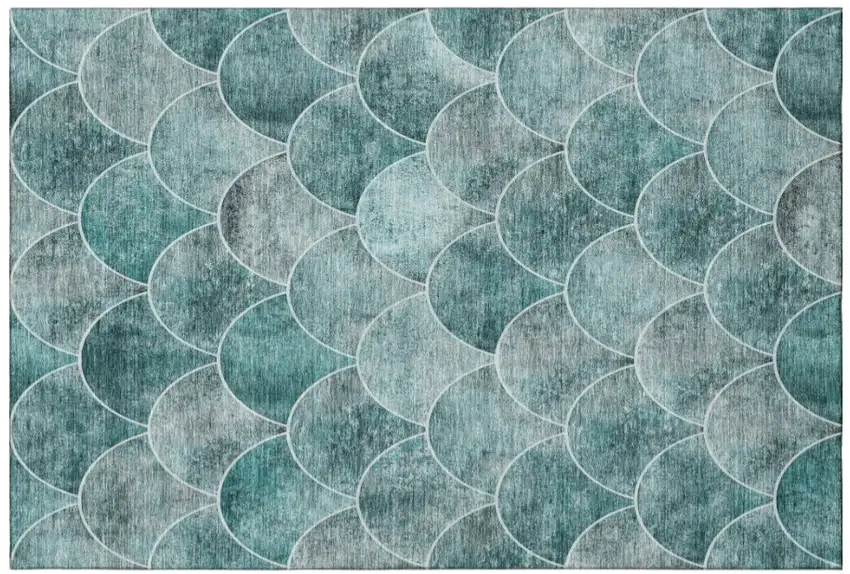 Teal And Ivory Abstract Geometric Washable Area Rug With UV Protection Photo 2