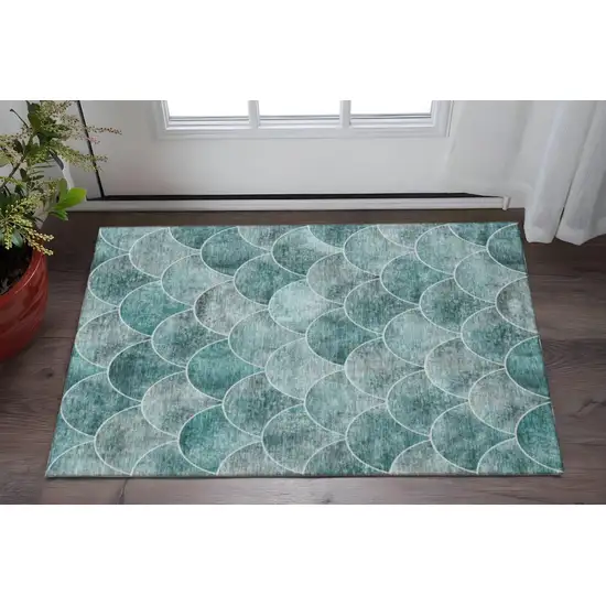 Teal And Ivory Abstract Geometric Washable Area Rug With UV Protection Photo 2