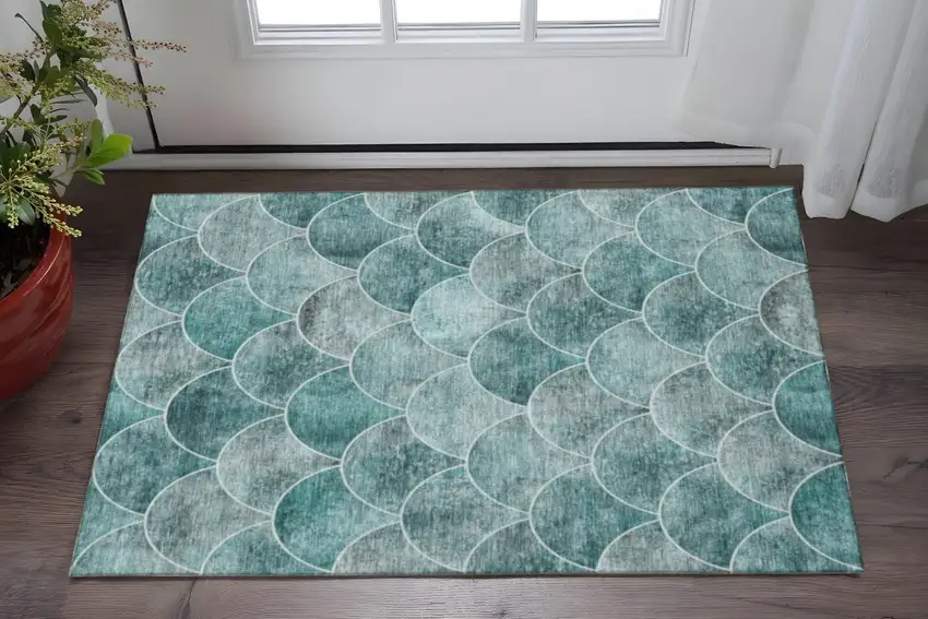Teal And Ivory Abstract Geometric Washable Area Rug With UV Protection Photo 2