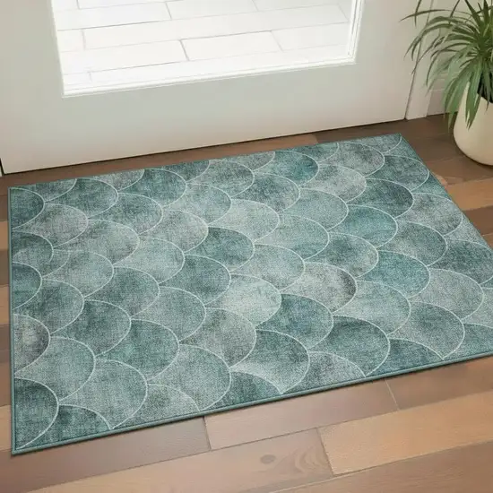 Teal And Ivory Abstract Geometric Washable Area Rug With UV Protection Photo 1