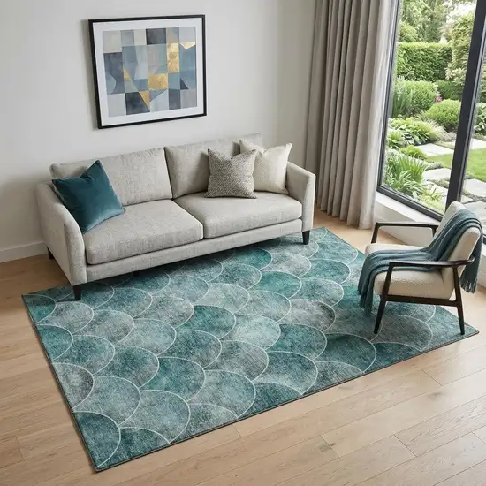 Teal And Ivory Abstract Geometric Washable Area Rug With UV Protection Photo 1
