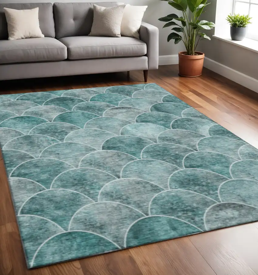 Teal And Ivory Abstract Geometric Washable Area Rug With UV Protection Photo 2