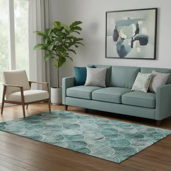 Teal And Ivory Abstract Geometric Washable Area Rug With UV Protection Photo 1