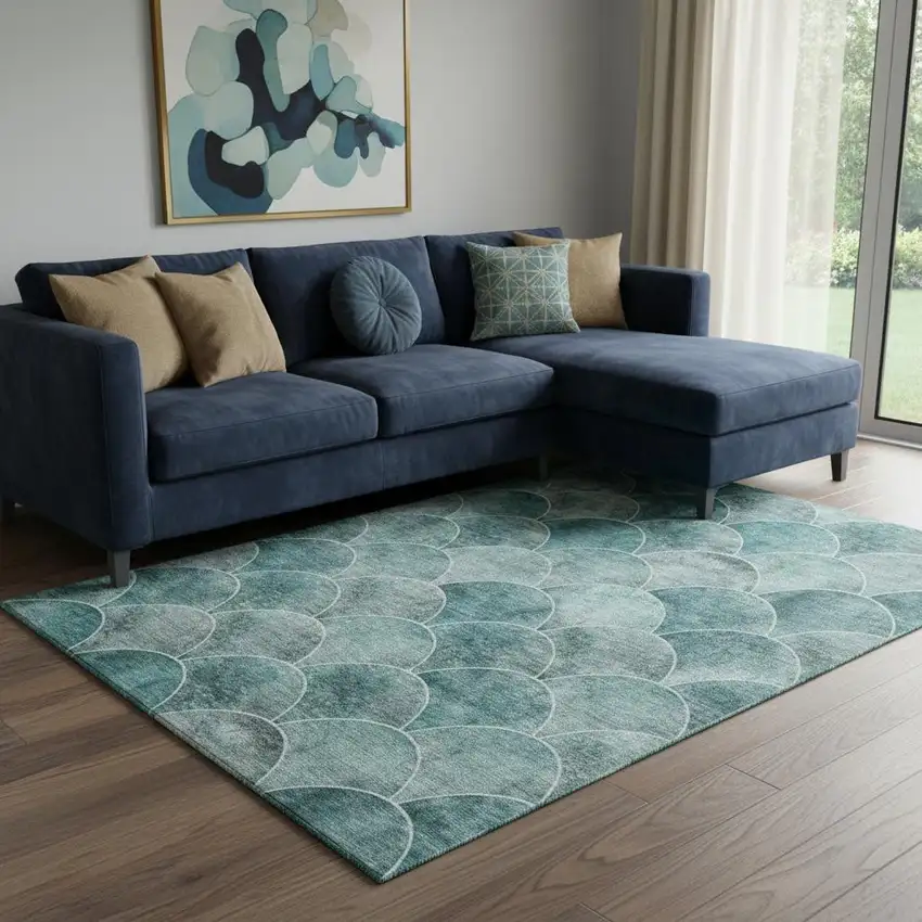 Teal And Ivory Abstract Geometric Washable Area Rug With UV Protection Photo 1