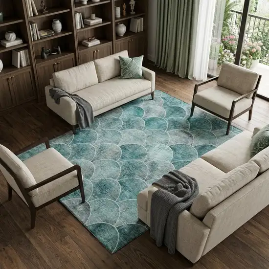 Teal And Ivory Abstract Geometric Washable Area Rug With UV Protection Photo 1