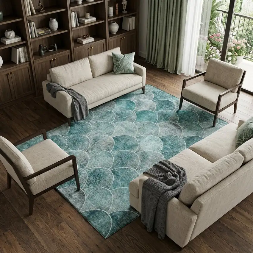 Teal And Ivory Abstract Geometric Washable Area Rug With UV Protection Photo 1