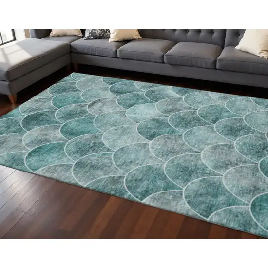 Teal And Ivory Abstract Geometric Washable Area Rug With UV Protection Photo 2