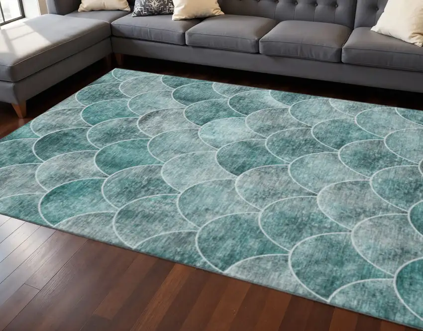 Teal And Ivory Abstract Geometric Washable Area Rug With UV Protection Photo 2