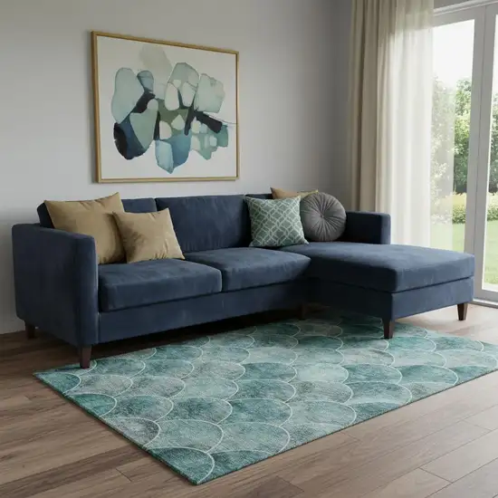 Teal And Ivory Abstract Geometric Washable Area Rug With UV Protection Photo 1