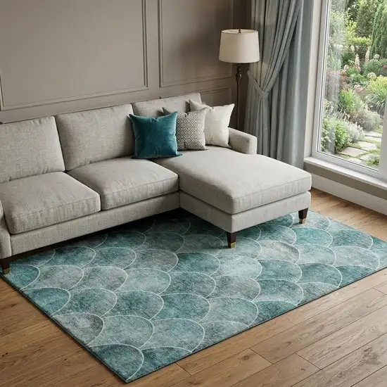 Teal And Ivory Abstract Geometric Washable Area Rug With UV Protection Photo 1