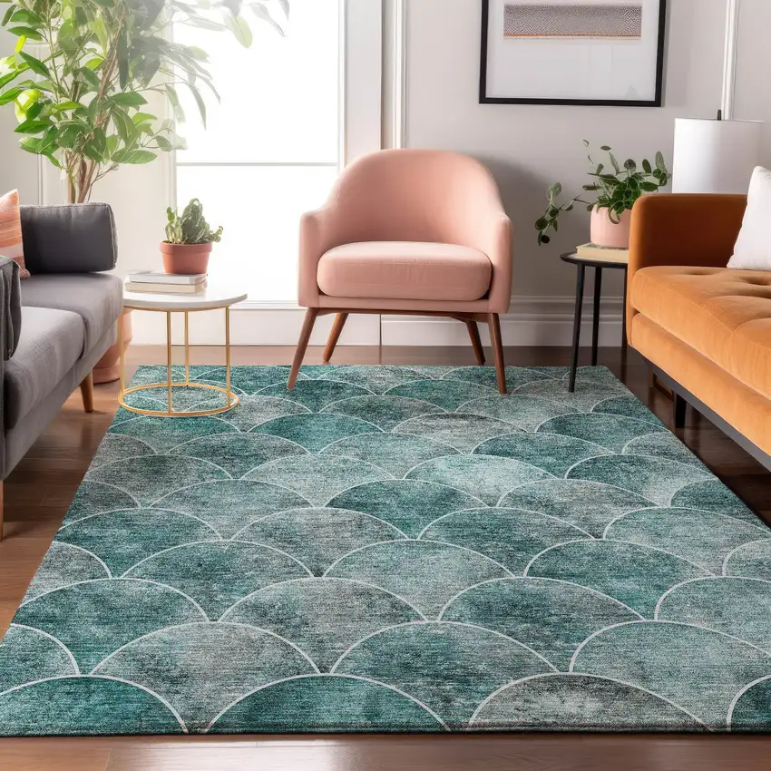 Teal And Ivory Abstract Geometric Washable Area Rug With UV Protection Photo 4