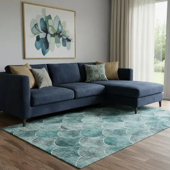 Teal And Ivory Abstract Geometric Washable Area Rug With UV Protection Photo 1