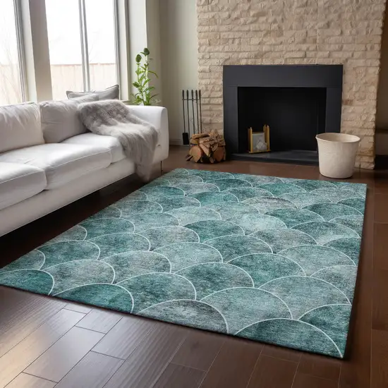 Teal And Ivory Abstract Geometric Washable Area Rug With UV Protection Photo 6