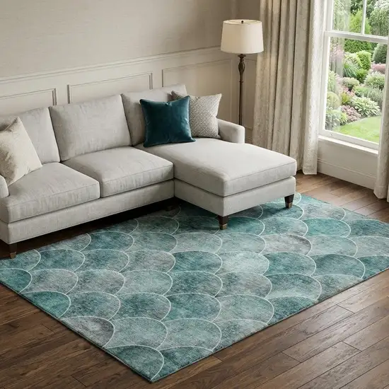 Teal And Ivory Abstract Geometric Washable Area Rug With UV Protection Photo 1