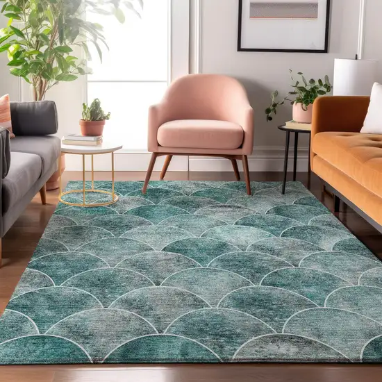Teal And Ivory Abstract Geometric Washable Area Rug With UV Protection Photo 5