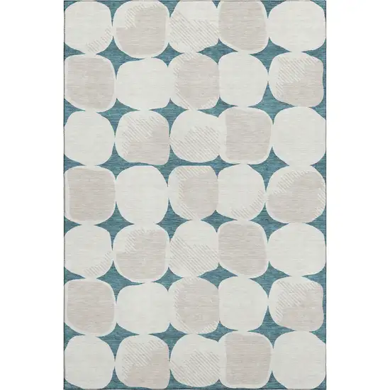 Teal And Ivory Abstract Geometric Washable Area Rug With UV Protection Photo 1
