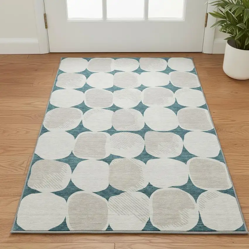 Teal And Ivory Abstract Geometric Washable Area Rug With UV Protection Photo 2