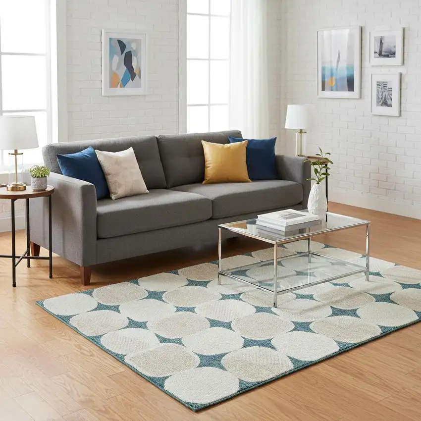 Teal And Ivory Abstract Geometric Washable Area Rug With UV Protection Photo 2