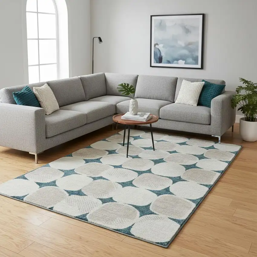 Teal And Ivory Abstract Geometric Washable Area Rug With UV Protection Photo 2